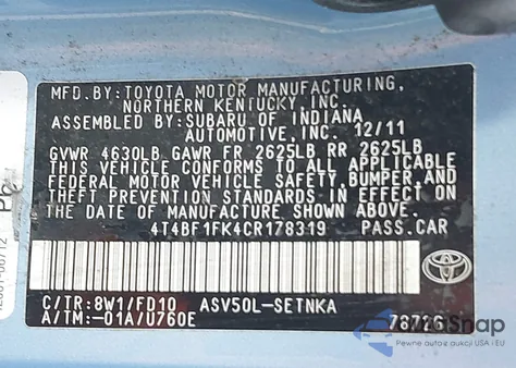 2012 Toyota Camry Le z USA, uszkodzony, nr VIN 4T4BF1FK4CR178319